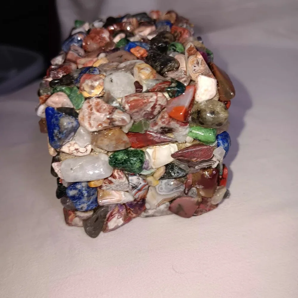 Crystal and Wood Trinket Box with Multicolor Polished Natural Stones Hinged Lid